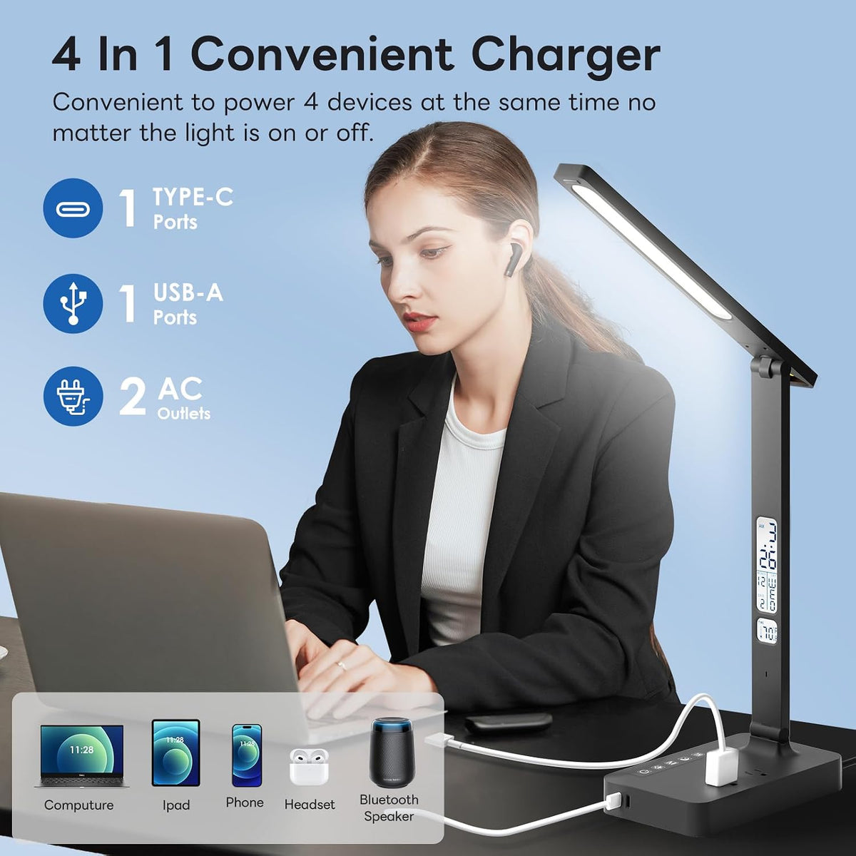 Infiway Desk Lamp with USB Charging Port: LED Stepless Dimmable Eye Caring De...