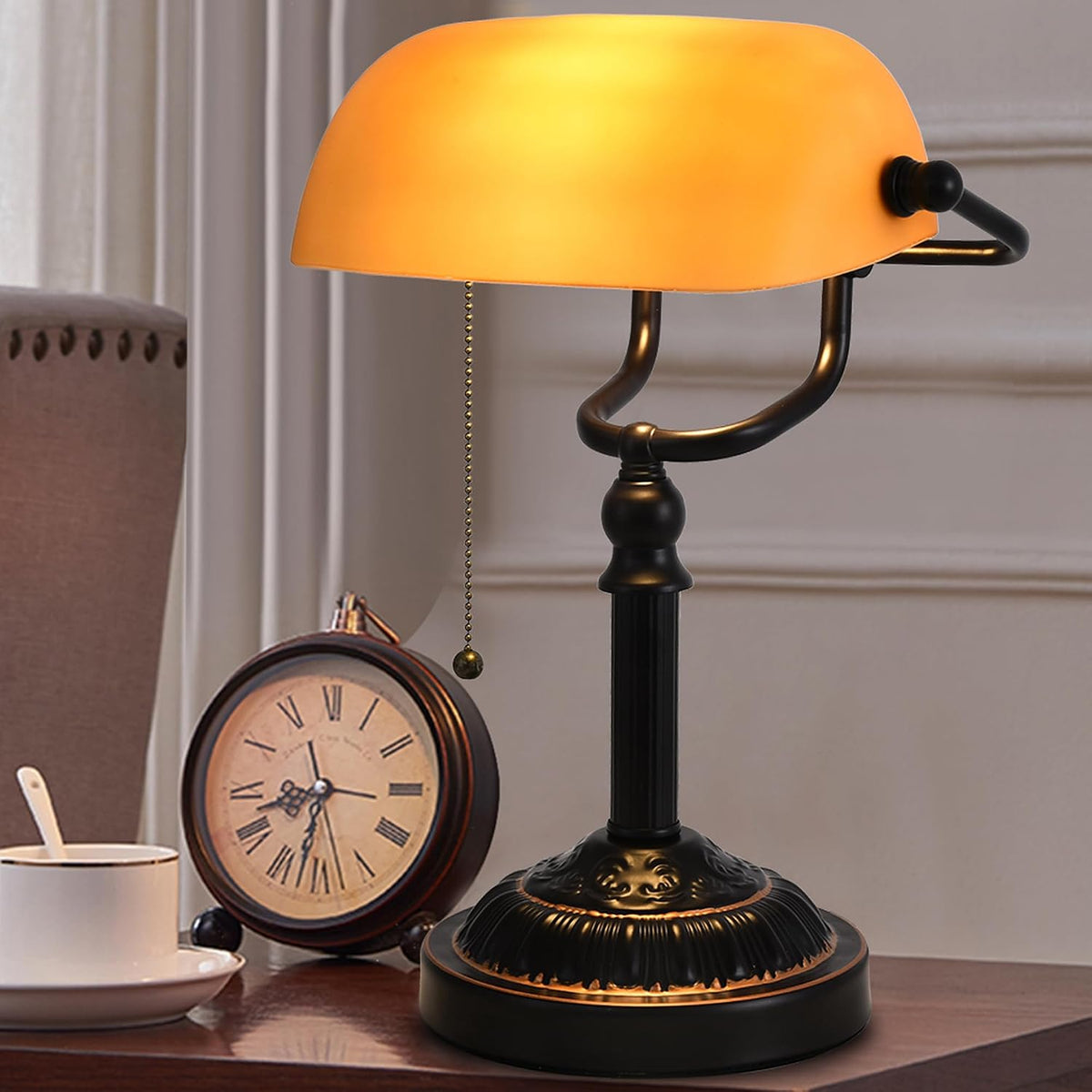 Bankers Desk Lamp with USB-A Port, Rustic Desk Lamp Pull Chain with Yellow Gl...