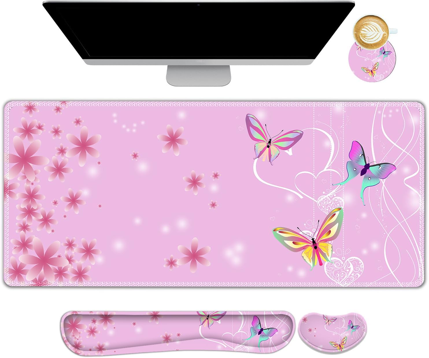 Pink Butterfly Desk Mat, Florals 4 in1 Large Gaming Mouse Pad Set, Ergonomics Keyboard Pad with Memory Foam Wrist Rest, Extended Game Mousepad Non-Slip Desk Protector Matt Easy Typing Pain Relief