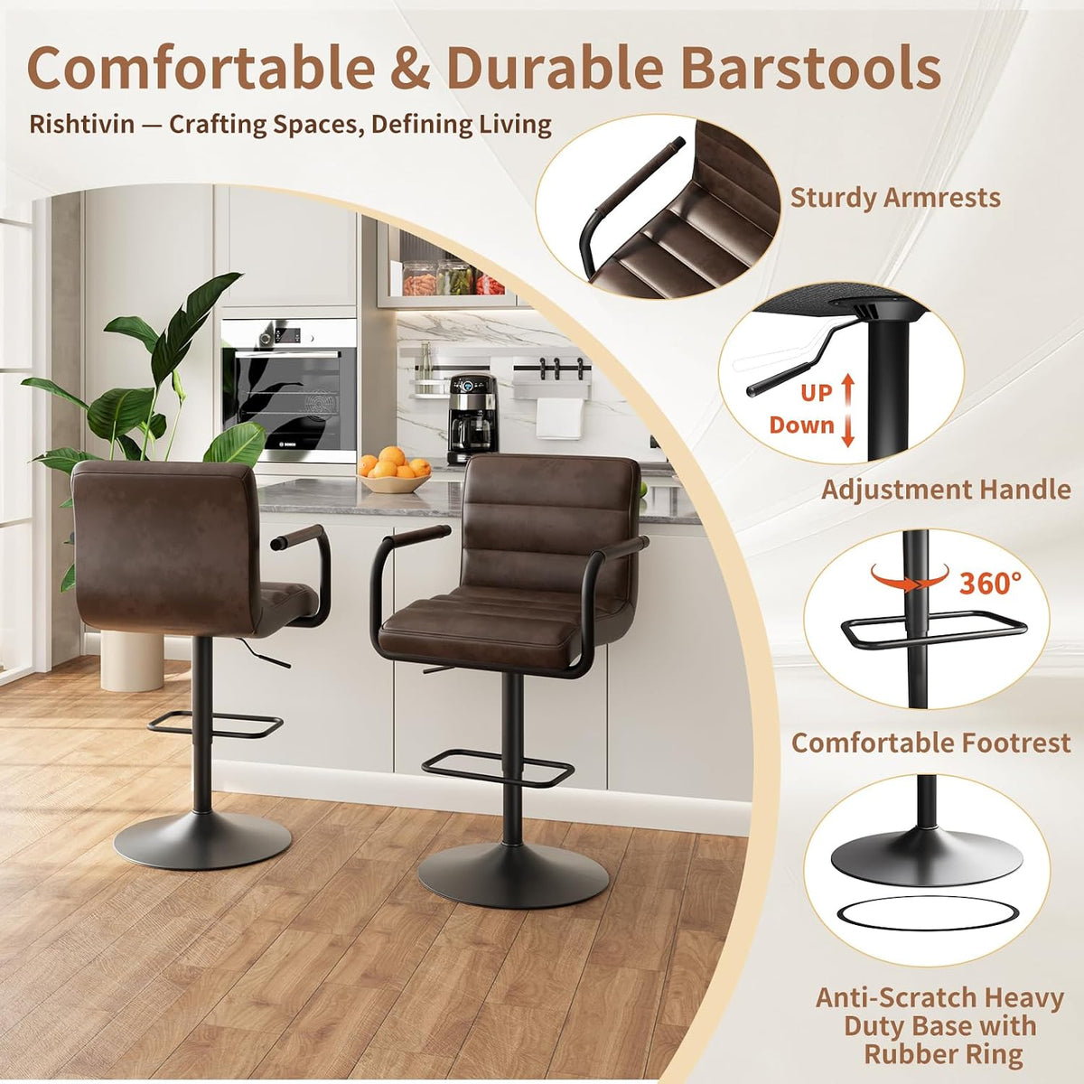 Adjustable PU Leather Swivel Bar Stools Set of 6 with Armrests