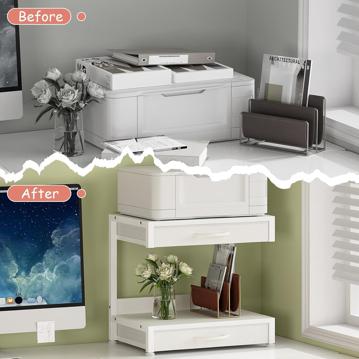 VENNQD 2-Tier Desktop Printer Stand with 2 Fabric Drawers, Prtiner Table with...