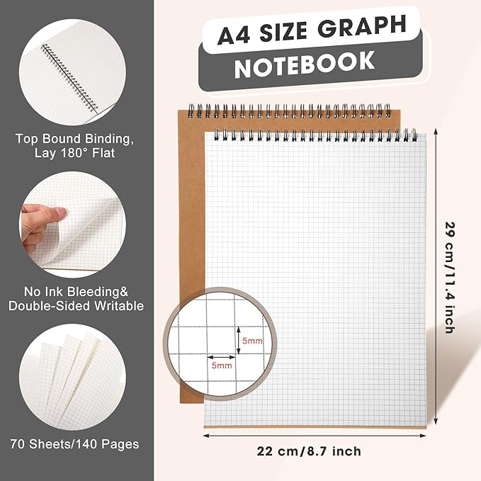 Engrowtic 2 Pack Top Spiral Graph Paper Notebooks 8.7 X11.4 Inch A4 Grid Paper - Image 2