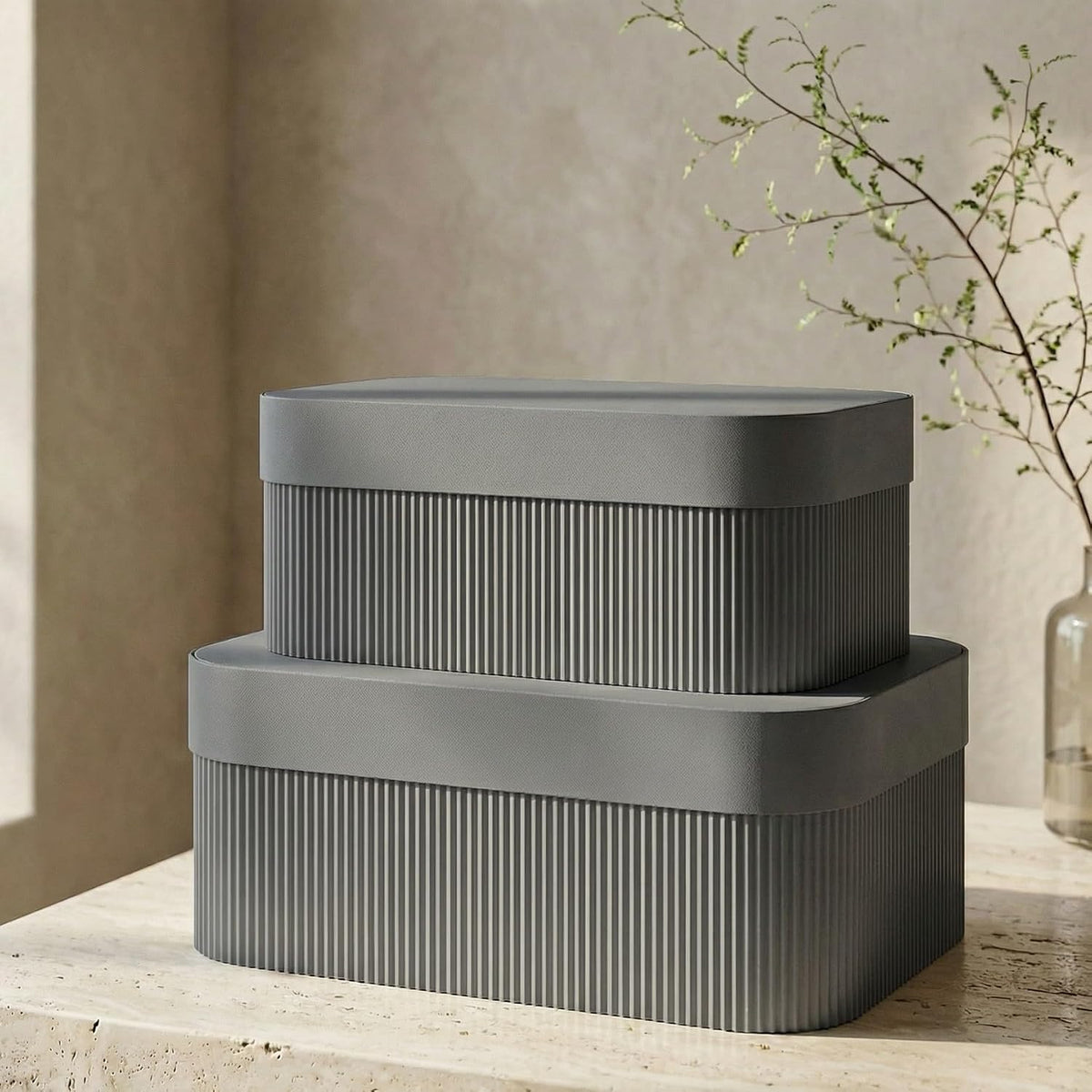 Decorative Storage Boxes with Lids - Set of 2 Fluted Photo Organizer Bins