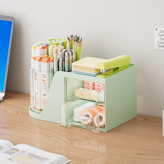 Marbrasse Desk Organizer with 2 Drawer, 360°Rotating Pen Holder, Desk - Image 4
