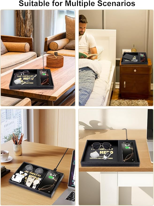 Gifts for Dad Valet Tray, Built-in Wireless Charger, Nightstand Organizer - Image 7