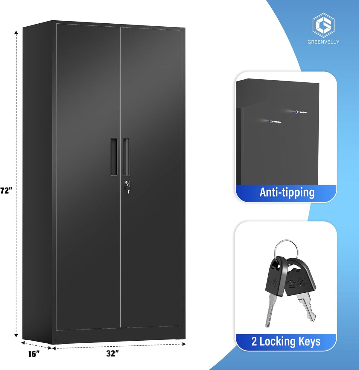 greenvelly metal cabinet, 72" black locking metal storage, close-up detail