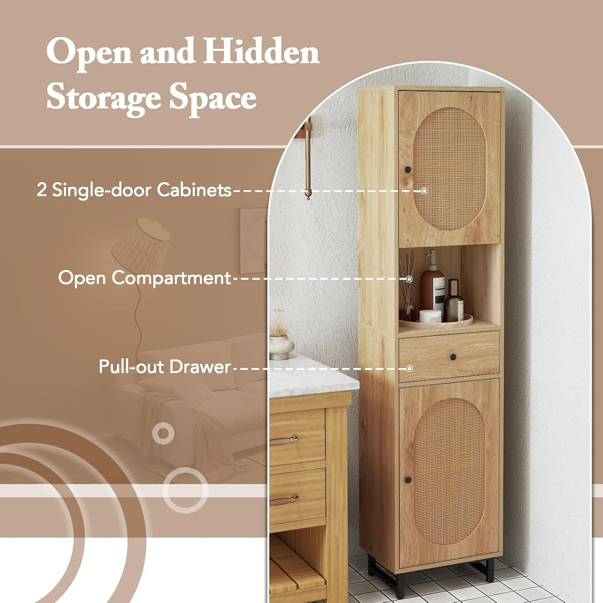 GIANTEX 67" Tall Bathroom Cabinet, PE Rattan Storage Cabinet with 2 Door...