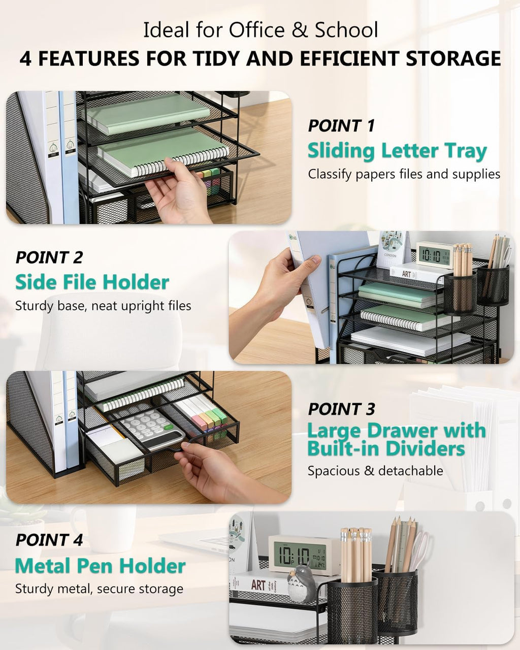 wali desk file organizer, 5 tier desktop paper, side view