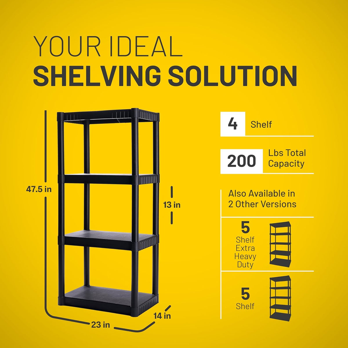 plano 4-shelf plastic storage shelves, 48” x 23” shown in use
