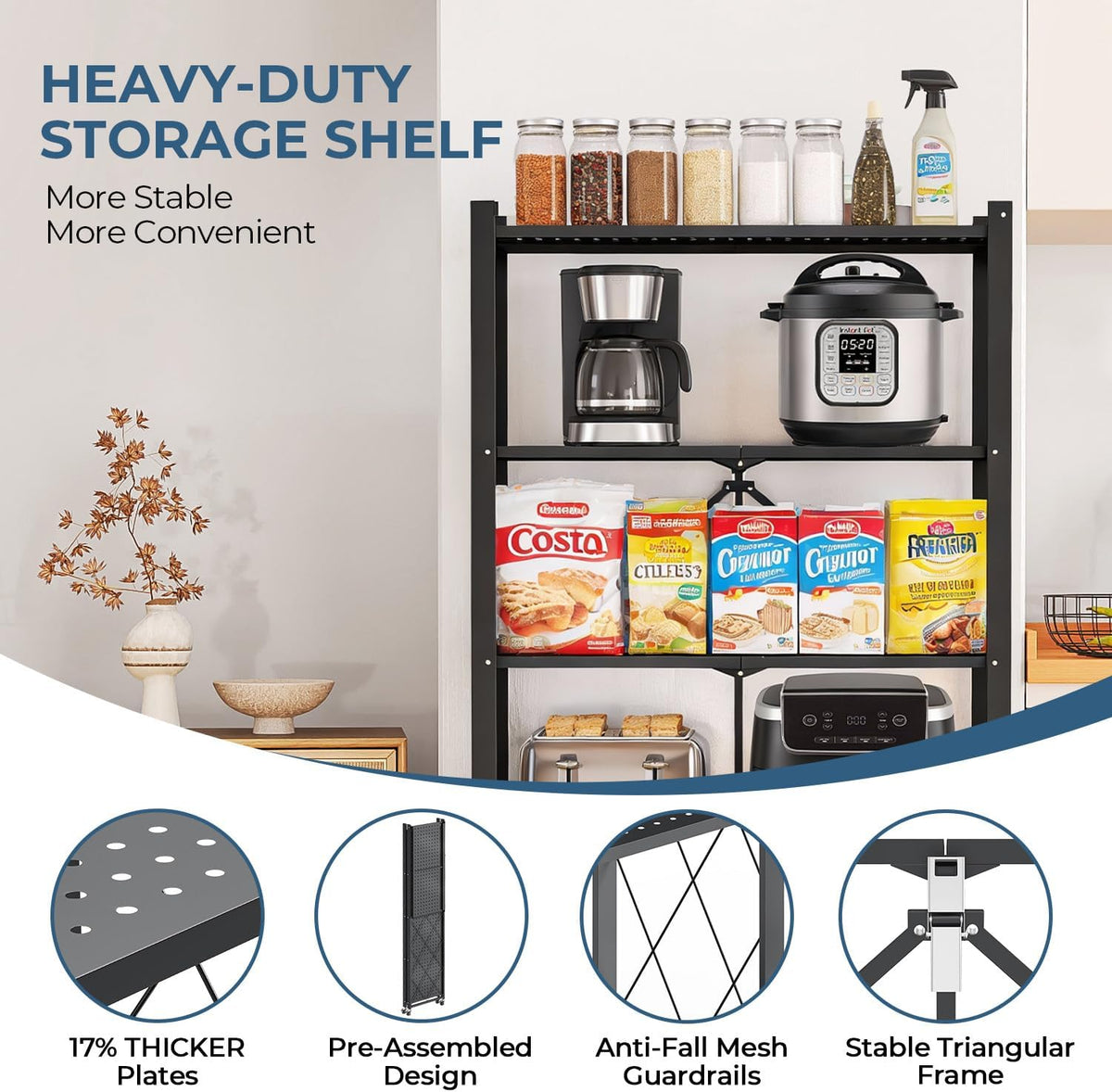 5-tier folding metal storage rack - 63" heavy-duty, side view