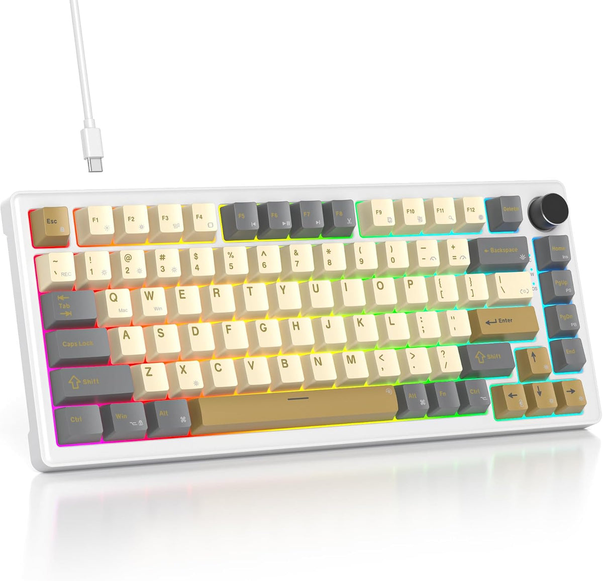 75% Retro Mechanical Keyboard Gasket with Knob, Custom Wired Creamy Gaming Ke...