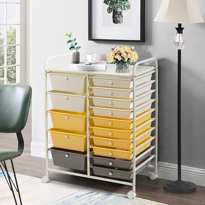 COSTWAY 15 Drawer Rolling Storage Cart, Utility Tools Paper Organizer on Wheels - Image 2