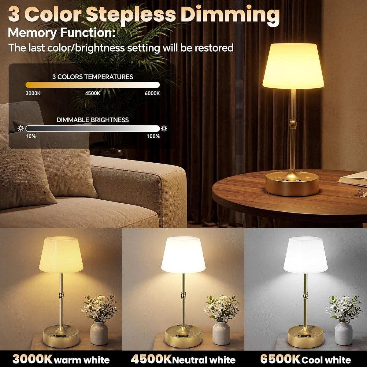 Rechargeable Cordless Table Lamp with Touch Control Stepless Dimming