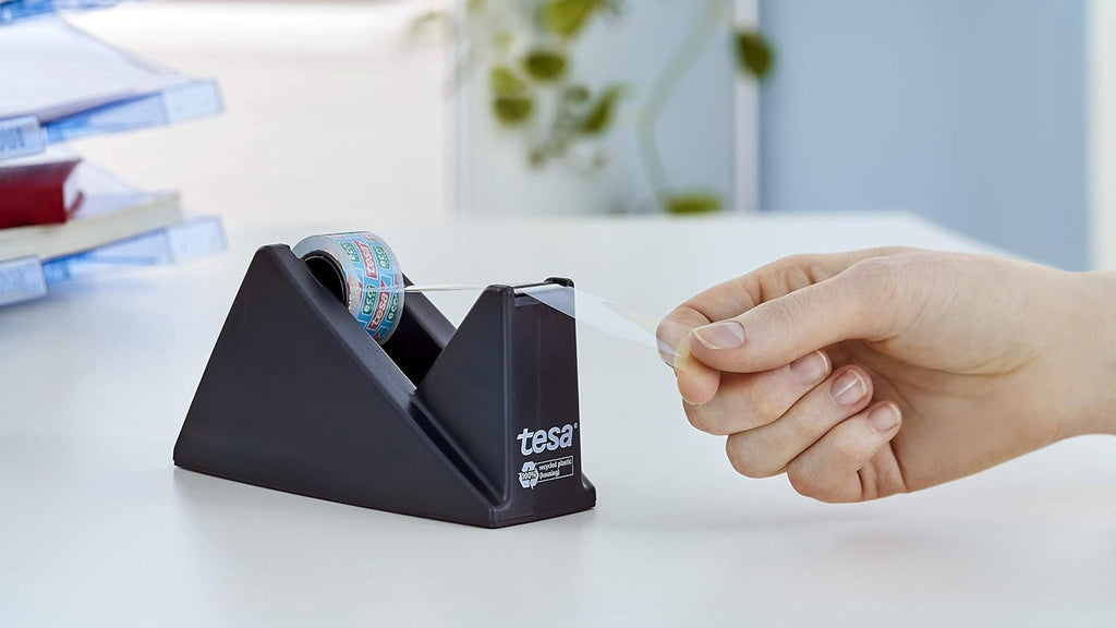 tesafilm Desk Dispenser for Adhesive Tape- Black Includes 1 roll of tesafilm Eco and Clear 10 m x 15 mm