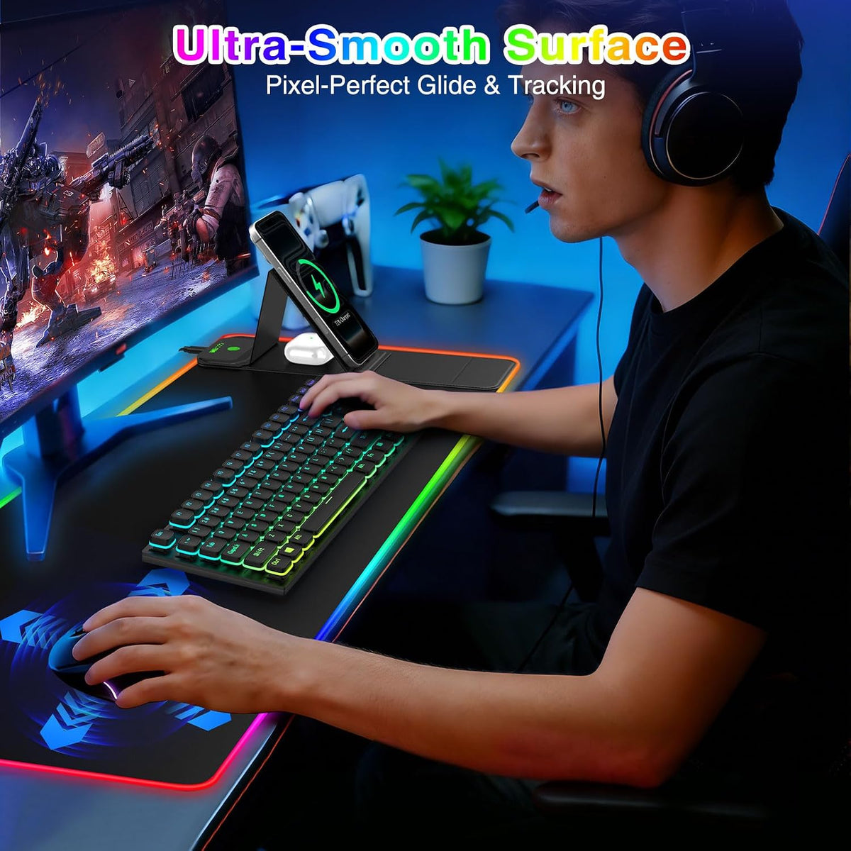 RGB Gaming Mouse Pad with Magnetic Wireless Charging & Foldable Phone Stand