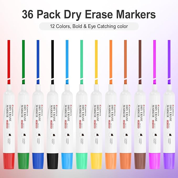 Comix Dry Erase Markers, Chisel Tip Whiteboard Markers, 36 Bulk 12 Assorted - Image 2
