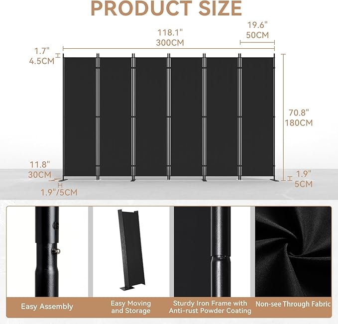C-Hopetree 6 Panels Room Divider, 6 Ft Tall Indoor Folding Privacy Screen - Image 7