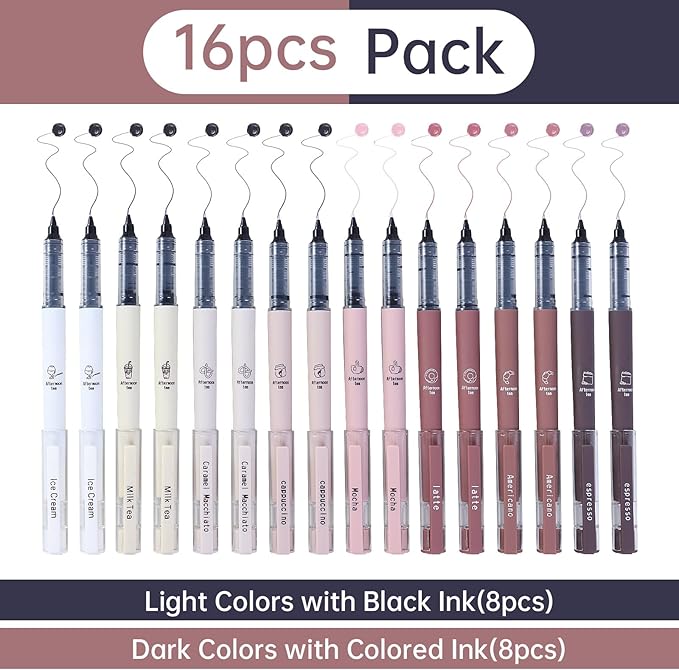 FUNFULL 16pcs Quick Dry Coffee Ink Rollerball Pens, 0.5mm Fine Point Colored - Image 2