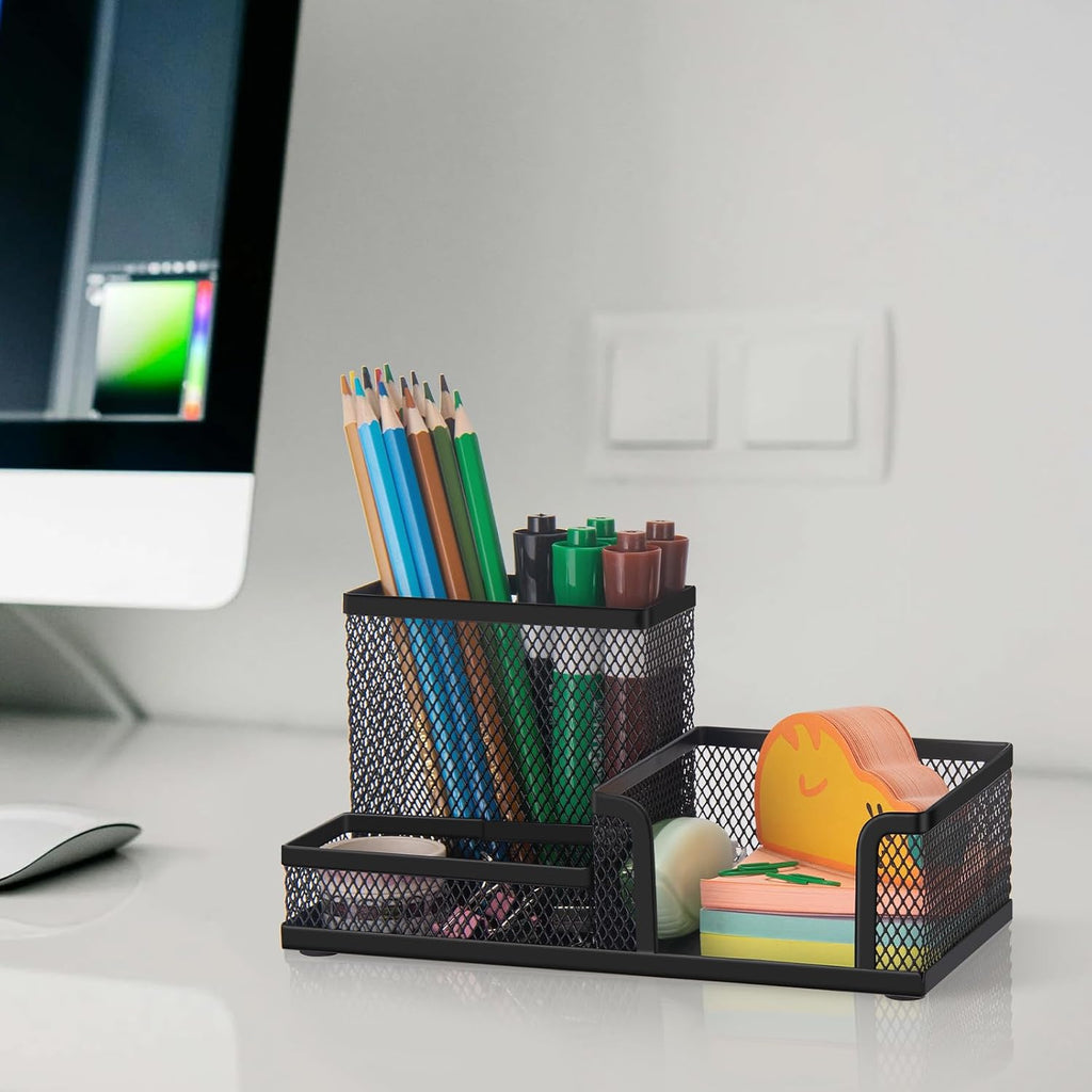 comix 6 packs mesh pen holder, desk organizer shown in use