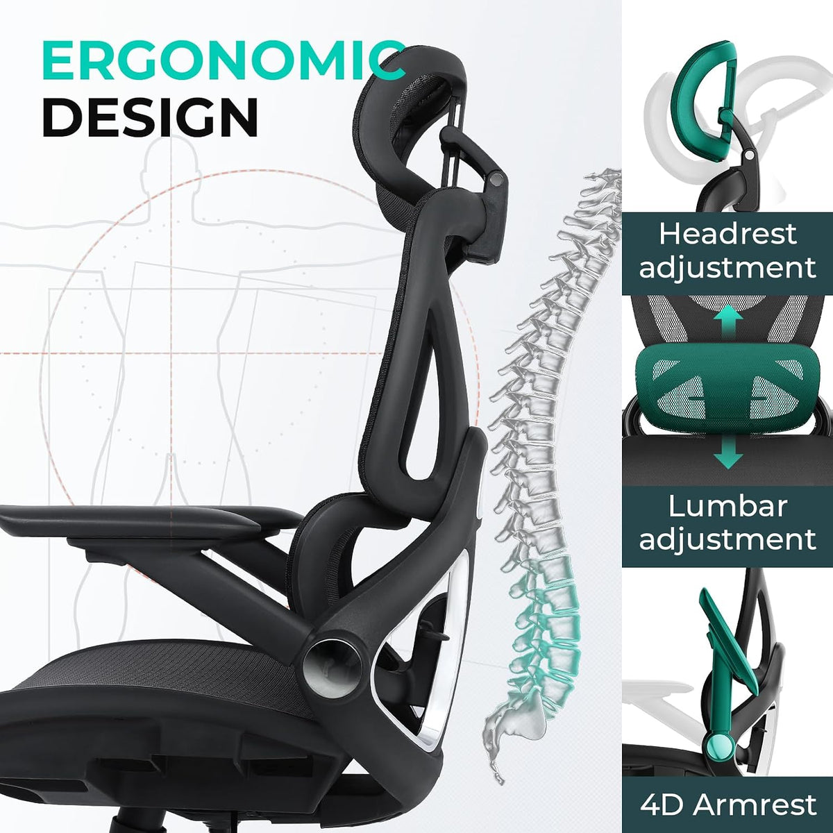 capot ergonomic mesh office chair, adjustable lumbar high, view 9