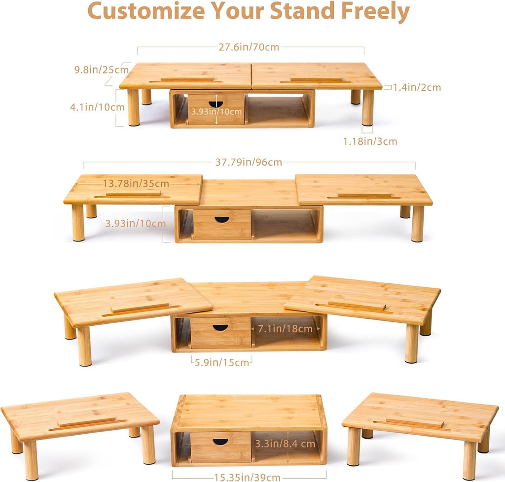 dual monitor stand riser with drawer for desk, close-up detail