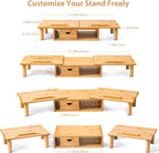 dual monitor stand riser with drawer for desk, close-up detail
