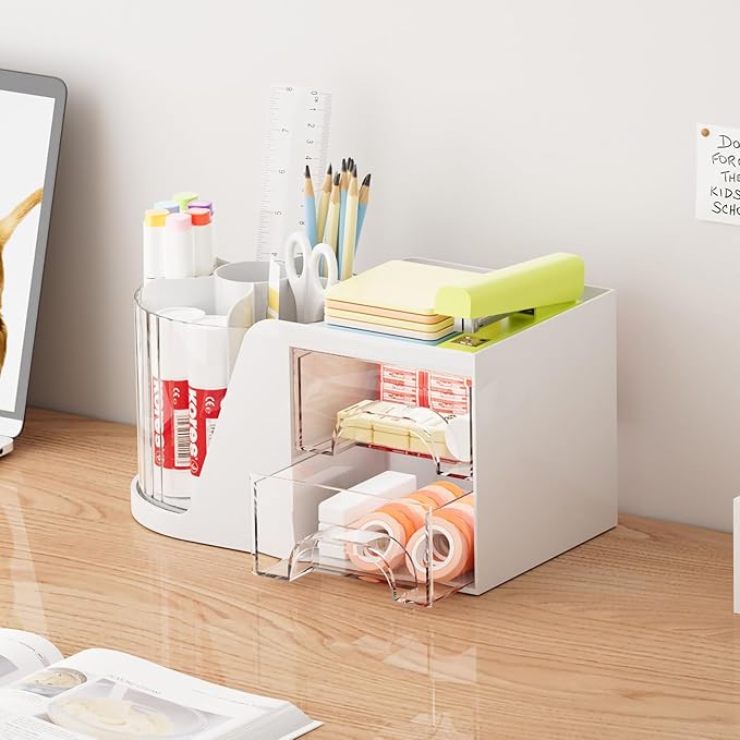 Marbrasse Desk Organizer with 2 Drawer, 360°Rotating Pen Holder, Desk - Image 4