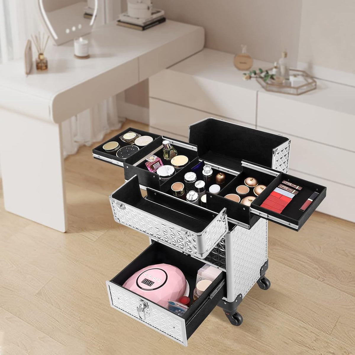 Professional Rolling Makeup Train Case - Heavy Duty Aluminum Alloy Beauty Org...