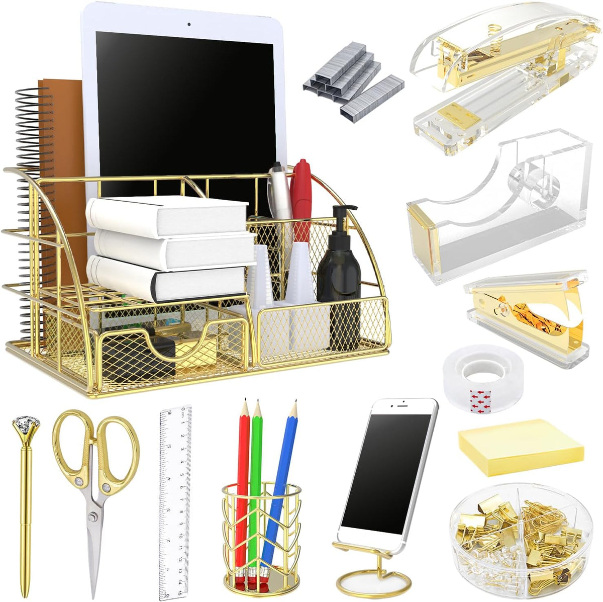 gold office desk organizers, 13pcs office supplies and, main product view