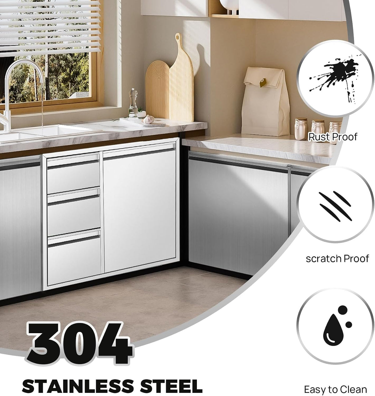POPMOON Outdoor Kitchen Drawer Combo 28x22x19.5in with 2 Trash Bin Cabinet