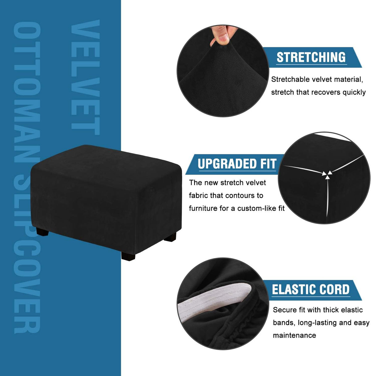 H.VERSAILTEX Velvet Stretch Rectangle Ottoman Slipcover, X-Large, Black