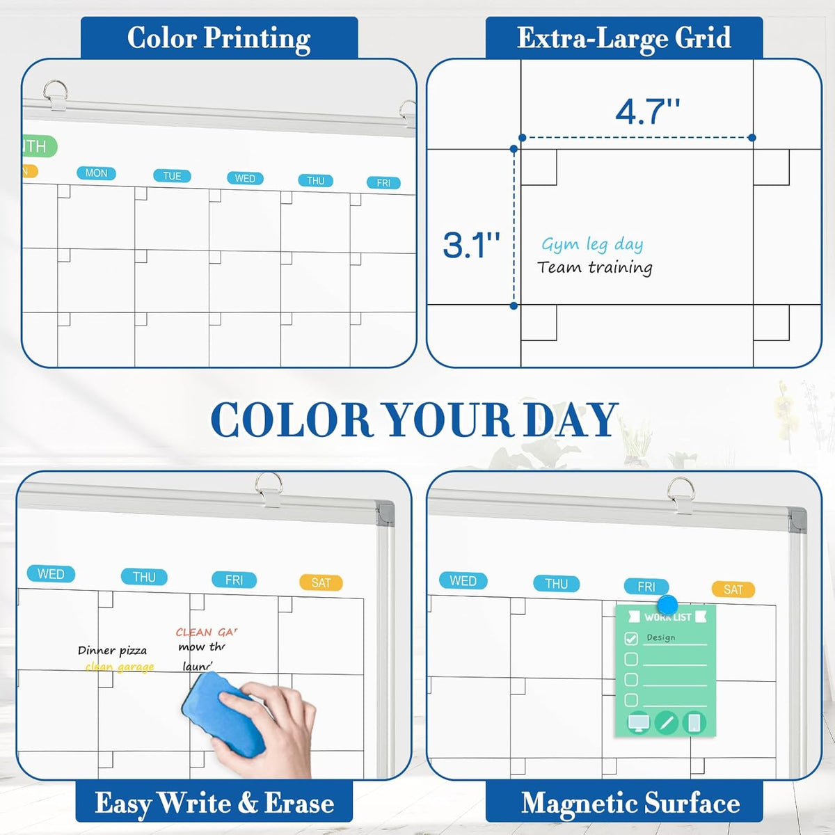 WALGLASS Dry Erase Calendar Whiteboard for Wall, 36" x 24" Silver F...