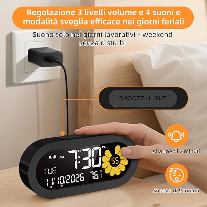 DOOMAY Digital Alarm Clock for Bedroom: Dual Alarm Bedside Clock VA LCD Display - Image 6