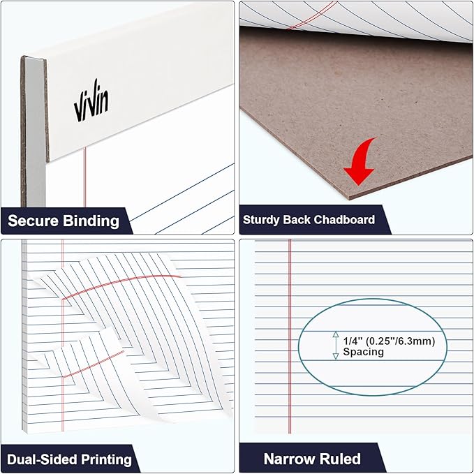 ViVin 5 x 8 Inch Legal Pads, 6 Pack, Narrow Ruled, 50 Sheets Per Writing Pad - Image 3
