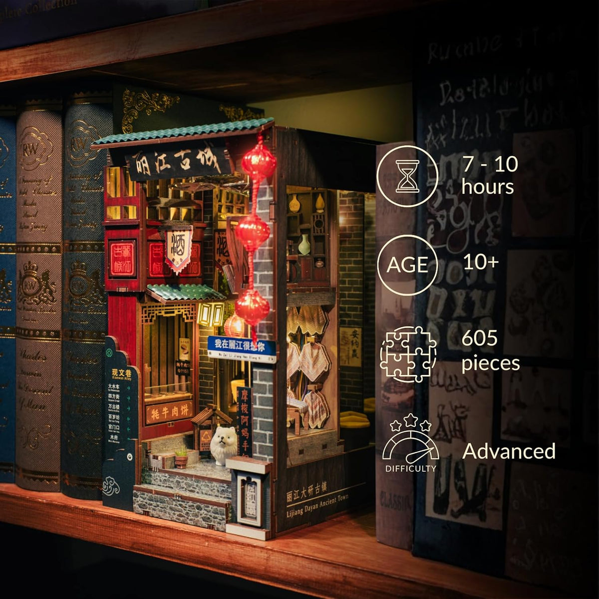 Lijiang Ancient Town DIY 3D Wooden Booknook for Adults, Teens and Book Lovers, Bookshelf Insert Library Decor, Creative Gift for Family, Friends, and Elderly