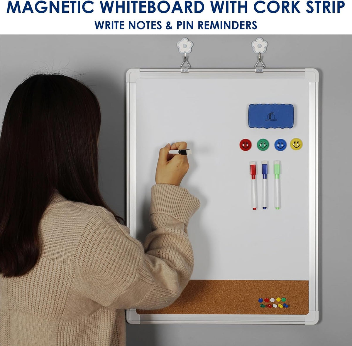 White Board with Cork Board 18x24 in, Combo Dry Erase Board for Wall