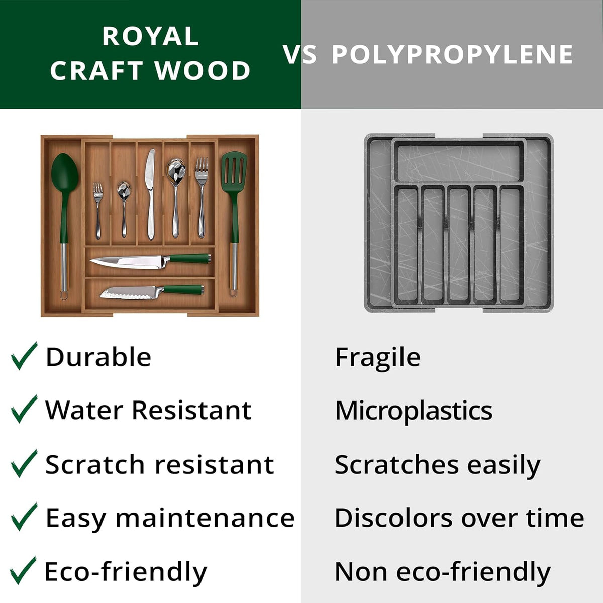 ROYAL CRAFT WOOD Luxury Bamboo Kitchen Drawer Organizer - Silverware Organize...