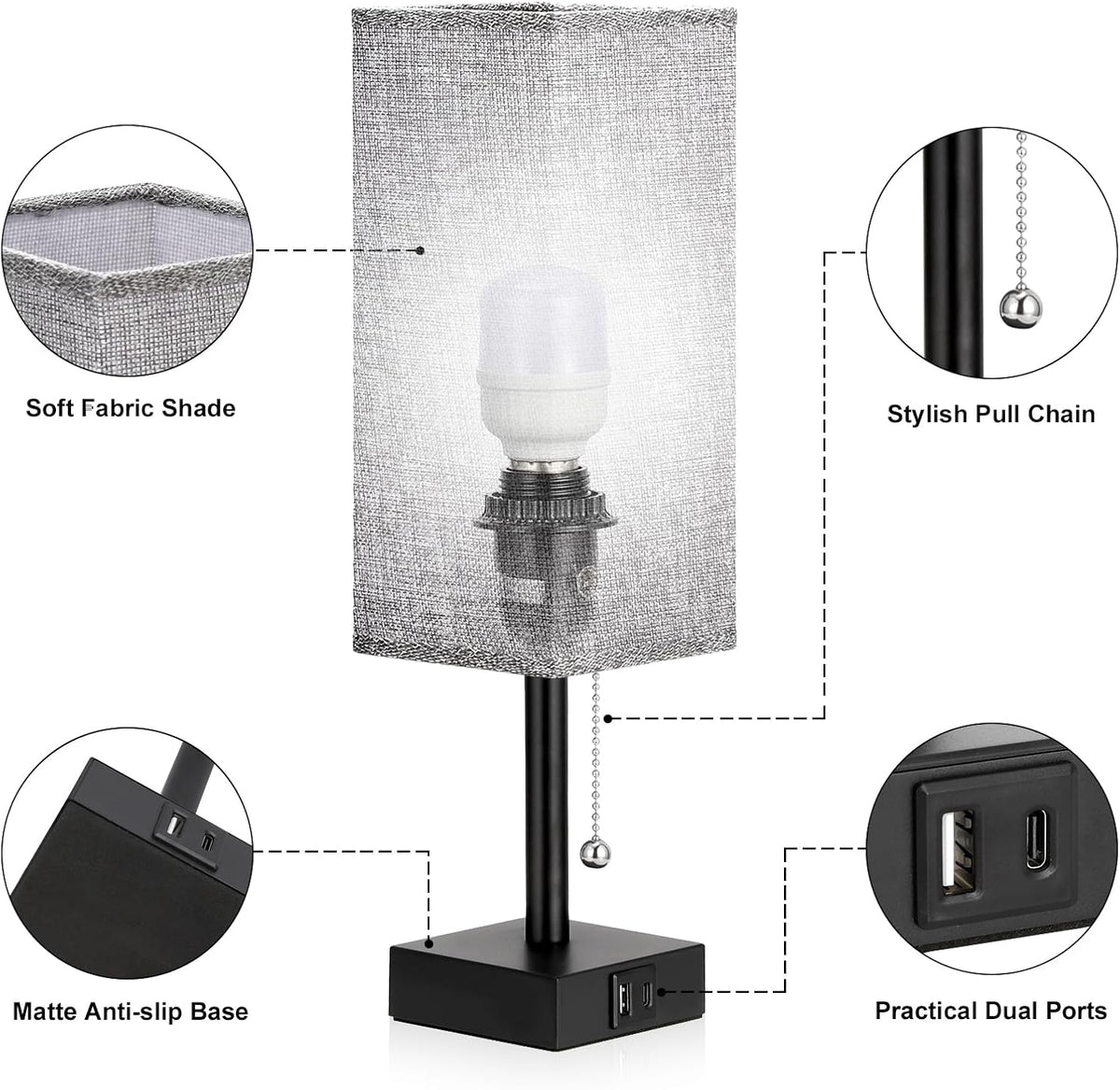 Set of 2 Grey Bedside Table Lamps for Bedroom - Nightstand Lamp, USB C+A
