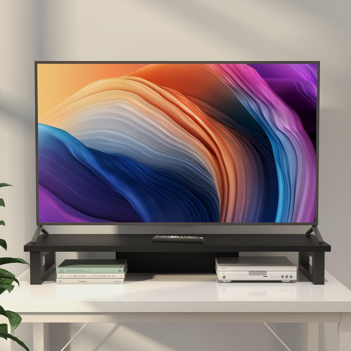 westree dual monitor stand riser, wood and steel showing dimensions