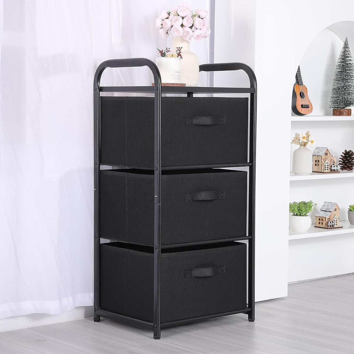 MAX Houser Dresser Storage with 3 Fabric Drawers, Black