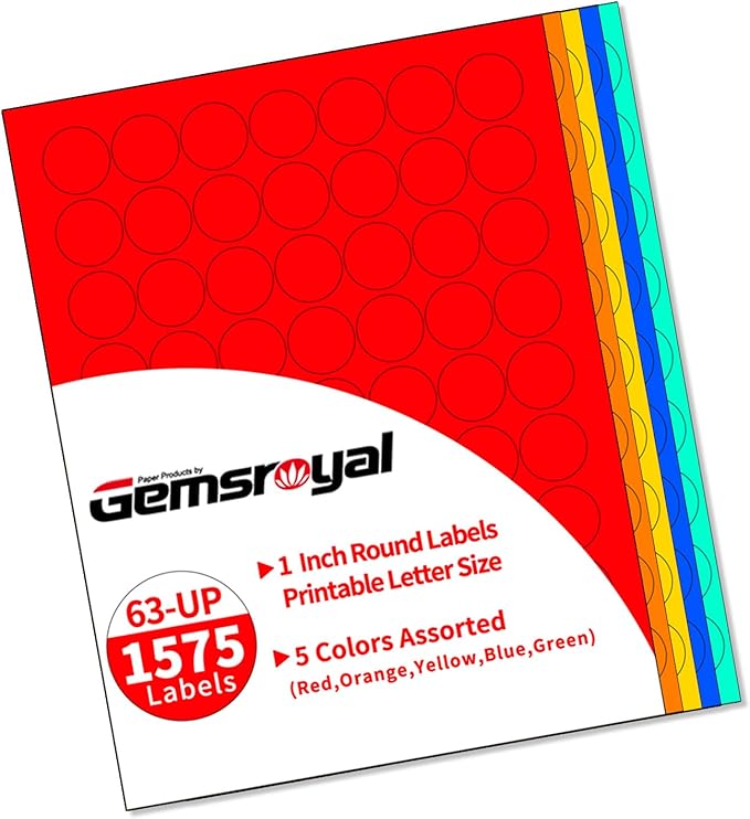 Gemsroyal 1 Inch Colored Round labels Printable, Colorful 1in Small Round by Gemsroyal