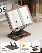 Adjustable Book Stand for Reading, Book Holder with 360° Rotation Base, Height Adjustable Book Reading Stand with Extendable Page Clips — Wooden Stand Holder for Cookbook, Receipe Book, Thick Book