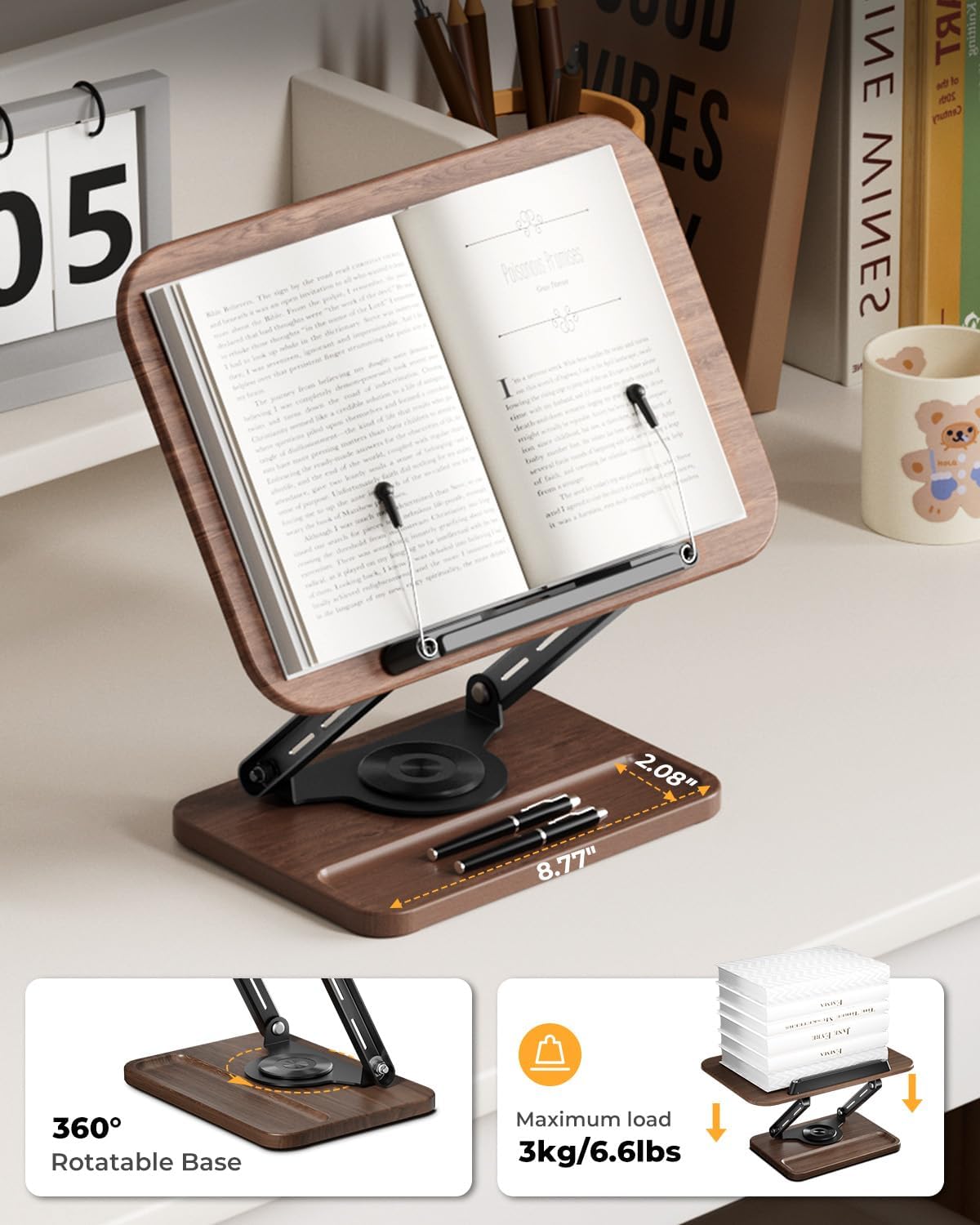 Adjustable Book Stand for Reading, Book Holder with 360° Rotation Base, Height Adjustable Book Reading Stand with Extendable Page Clips — Wooden Stand Holder for Cookbook, Receipe Book, Thick Book