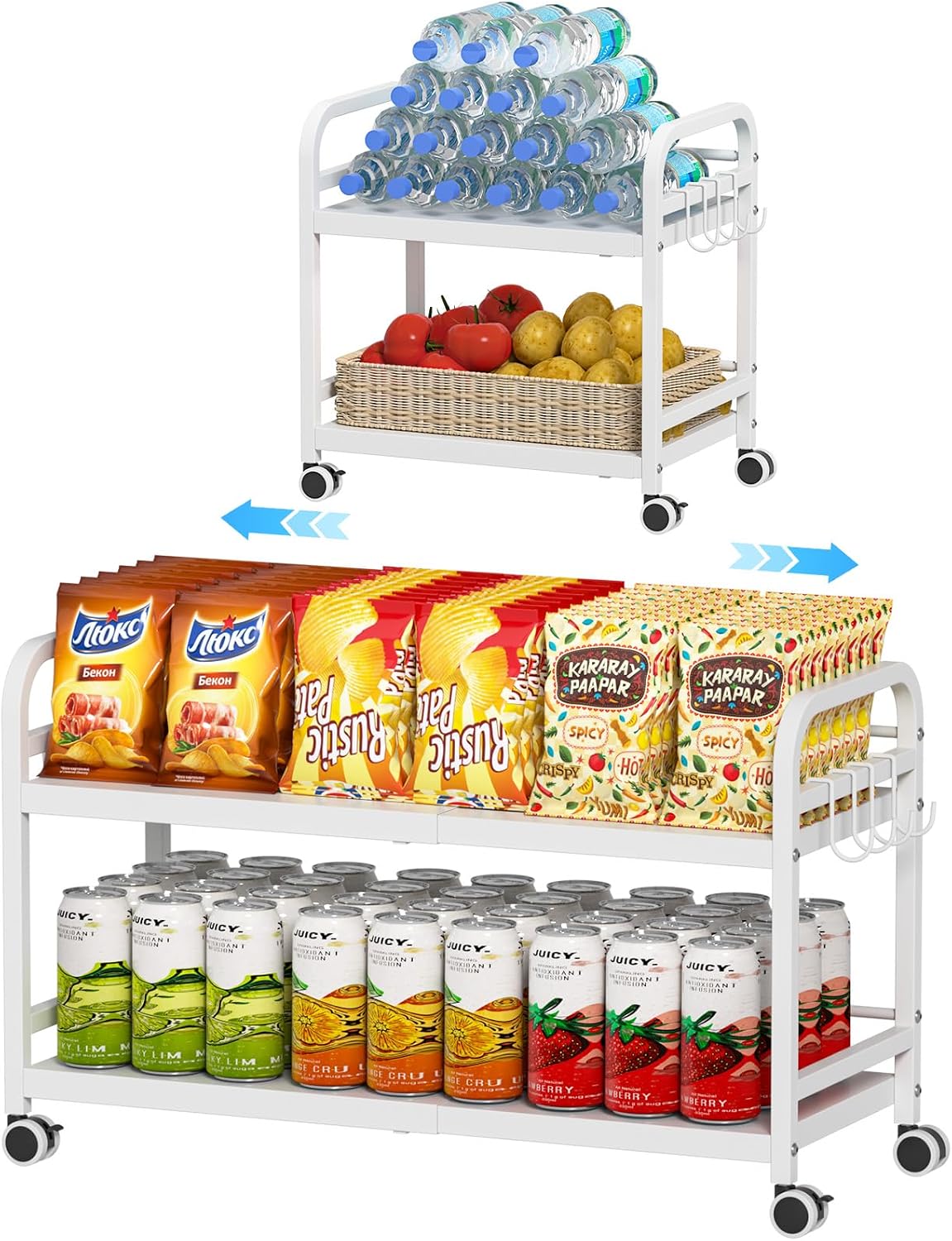2-Tier Expandable Rolling Cart, Pantry Storage Cart with Wheels, Adjustable R...