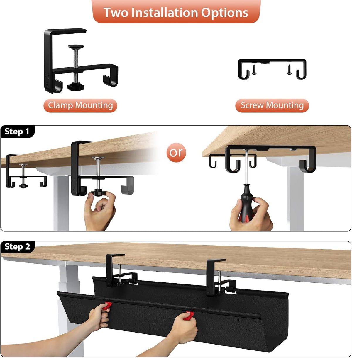 Univivi No Drill Under Desk Cable Management Tray, 28 inch Cable Management