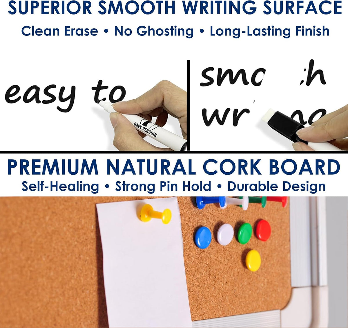 White Board with Cork Board 24x18 in, Combo Dry Erase Board for Wall