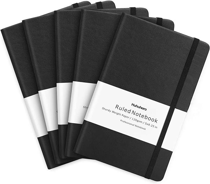 Huhuhero Lined Journal Notebook, 5 Pack Black Hardcover Notebooks by Huhuhero