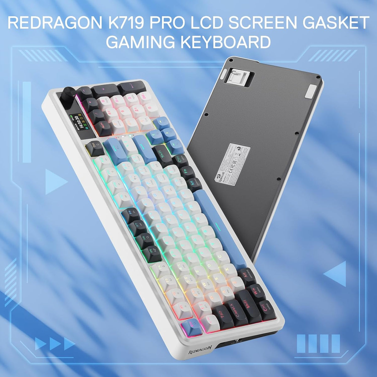 Redragon K719 PRO Wireless 95-Key Gasket Gaming Keyboard, TFT Screen & Knob