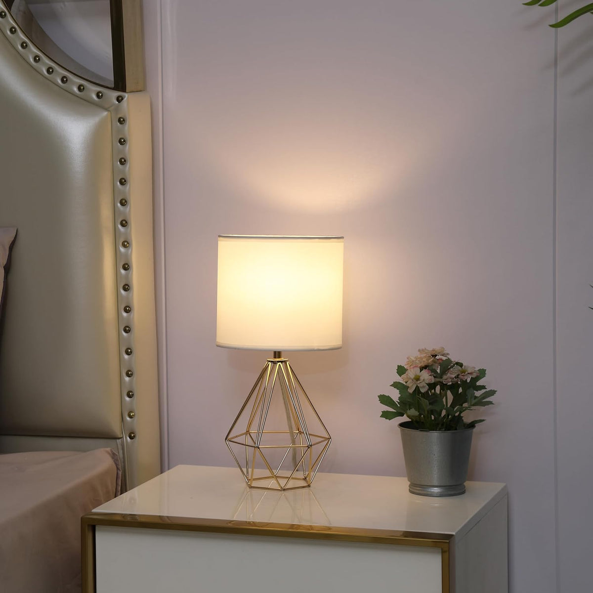 Small Gold Table Lamp Set of 2, Bedside Nightstand Lamps with White Shade, Ho...