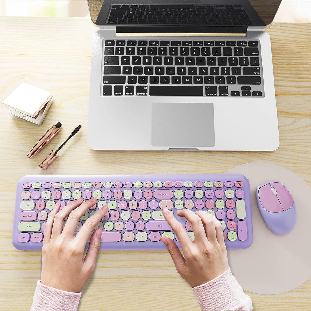 Wireless Keyboard and Mouse Combo, Colorful Ergonomic Full Size Retro Low-Noi...